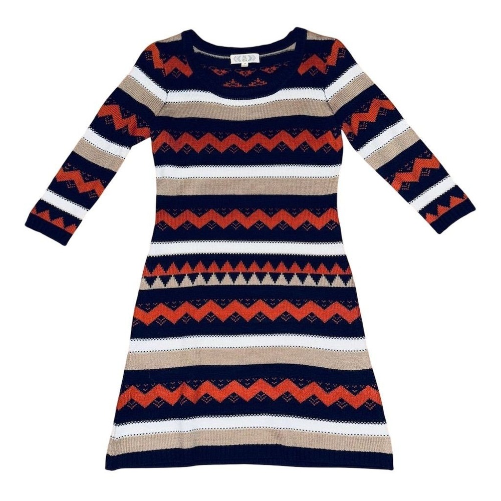Aztec boho Women's Striped Knit Sweater Dress M pink rose bodycon cozy knee midi